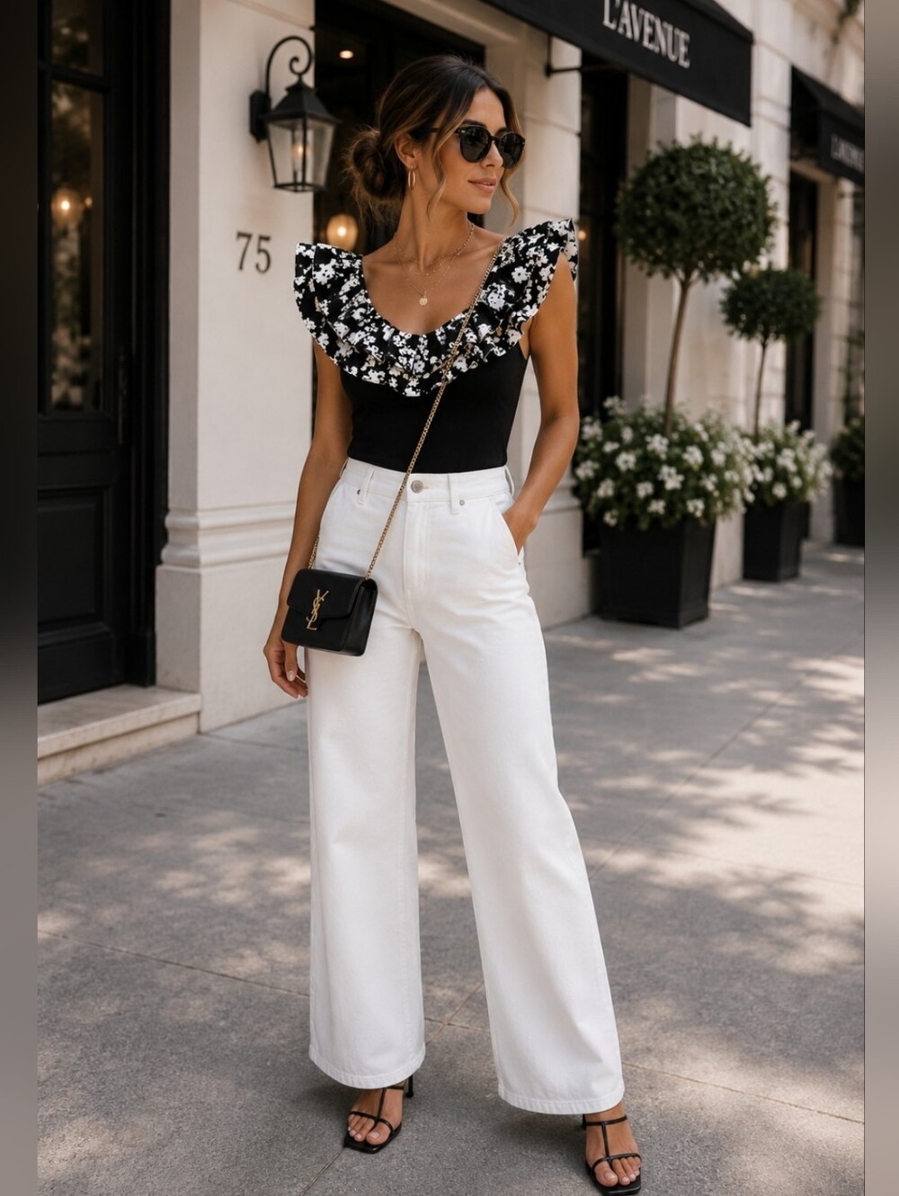 Marc New York Black Floral Ruffle Top Parisian Chic Feminine Statement Blouse
